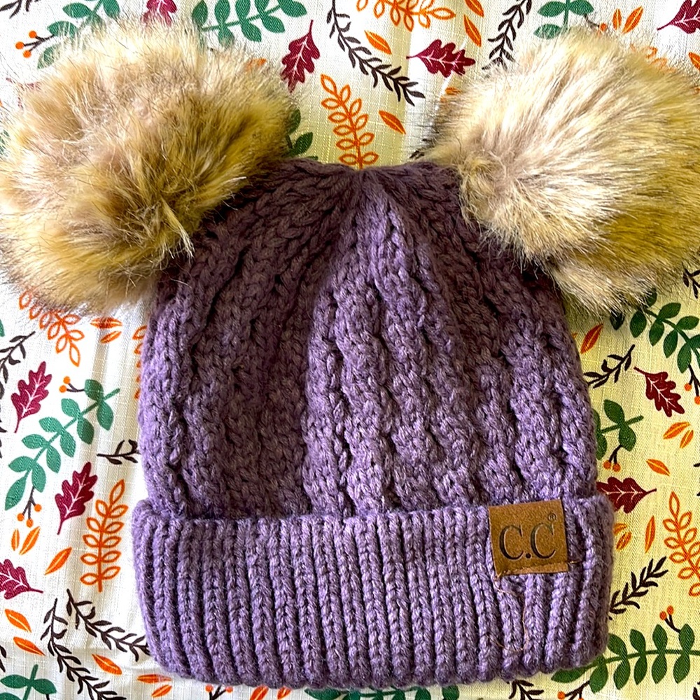 Kid’s size C.C. double fur Pom-Pom hat, eggplant in color